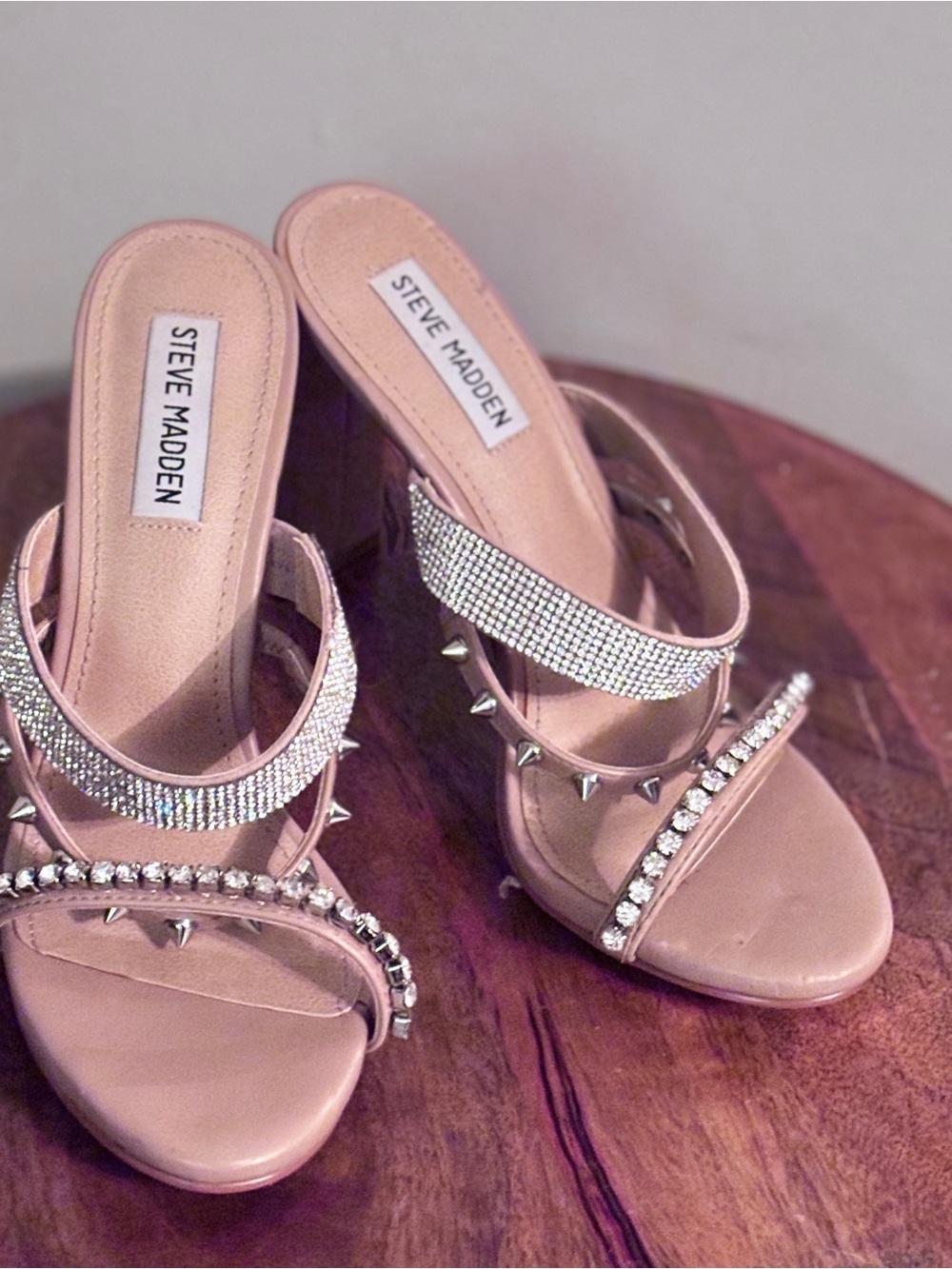 Steve Madden Nude Rhinestone & Stud Slide Heels